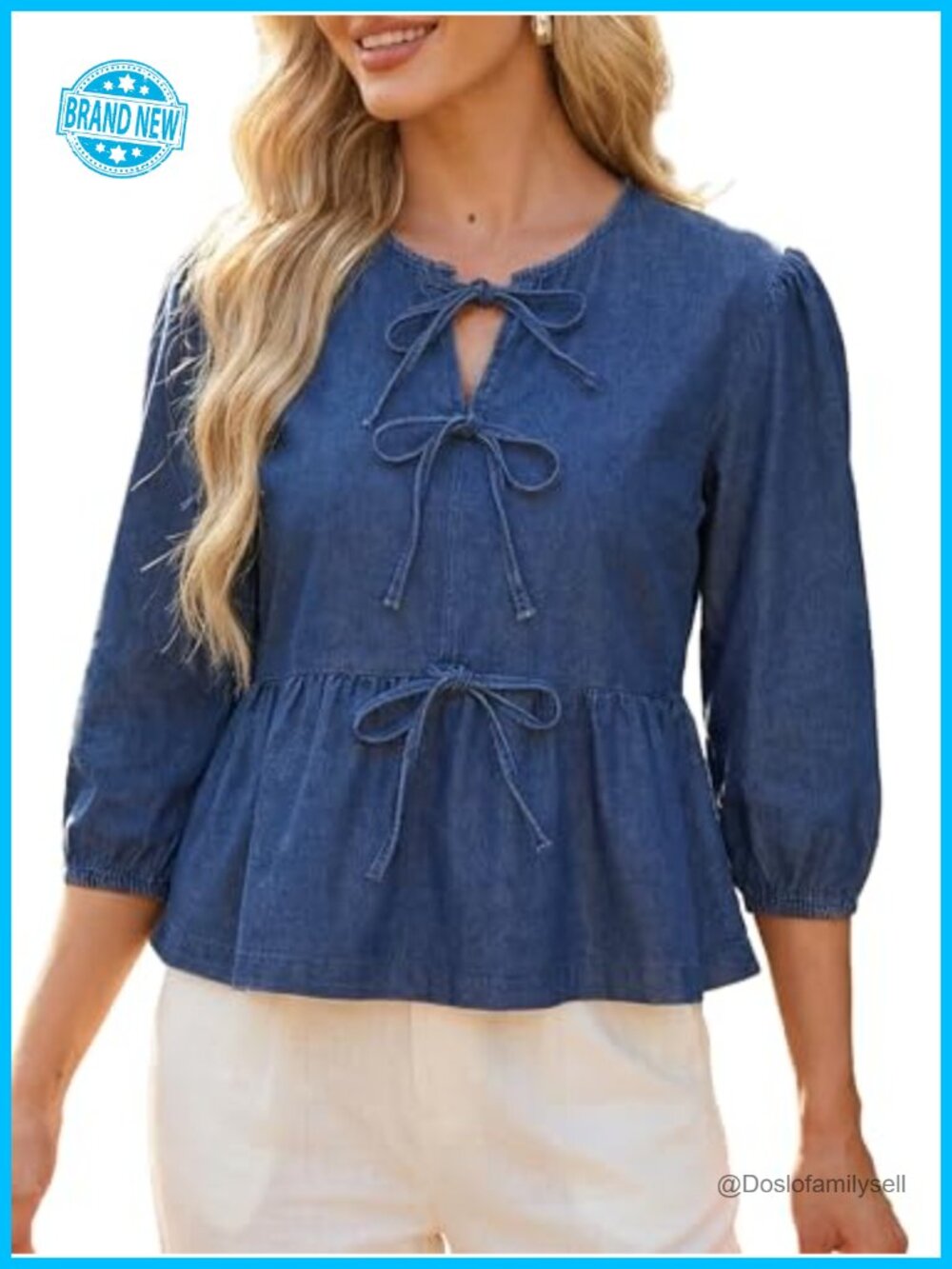 Women's Peplum Denim Blouse Tie Front Babydoll Top Puff Sleeve